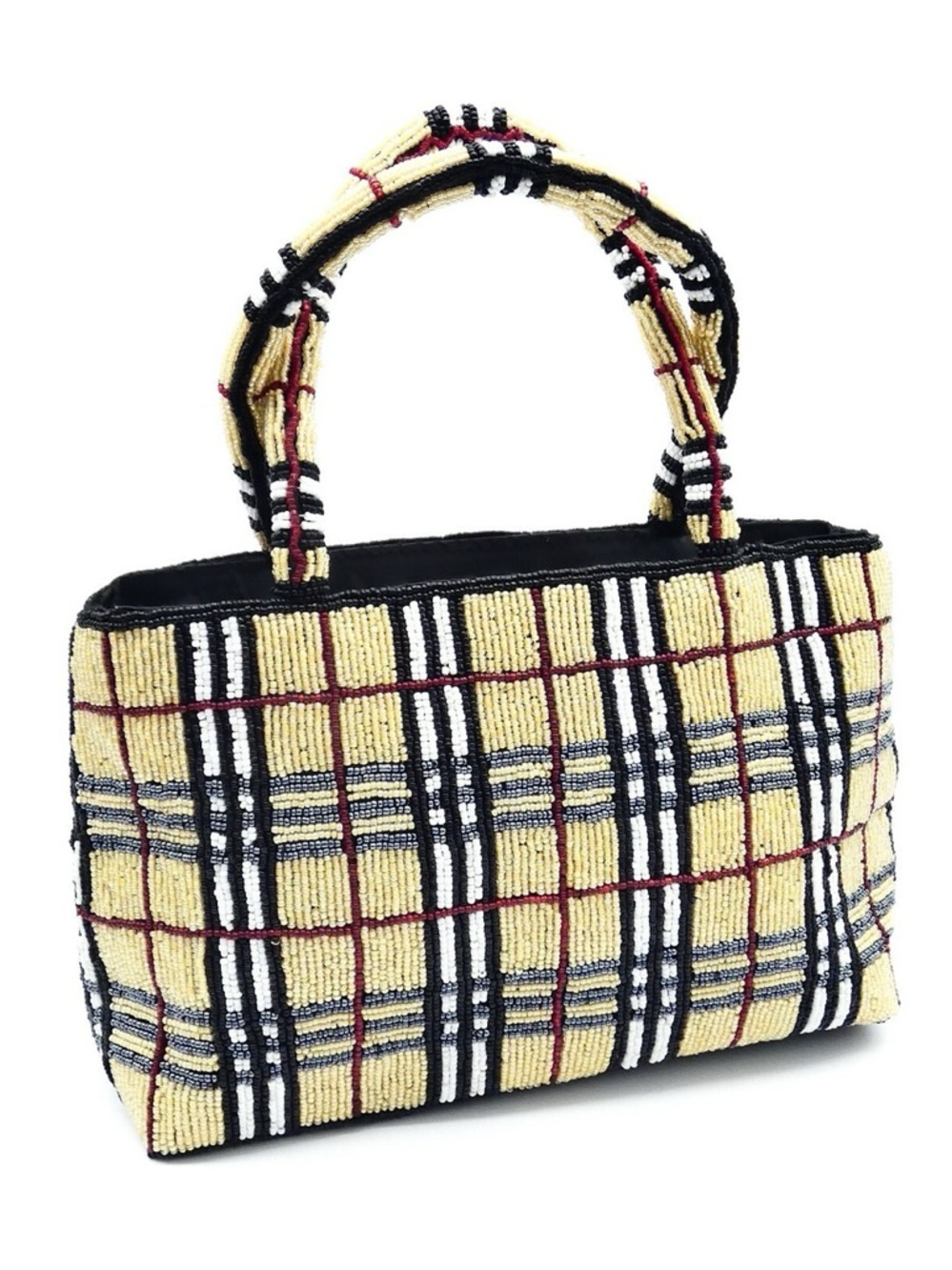 Beaded Nova Check Plaid satchel Bag in Beige and Black